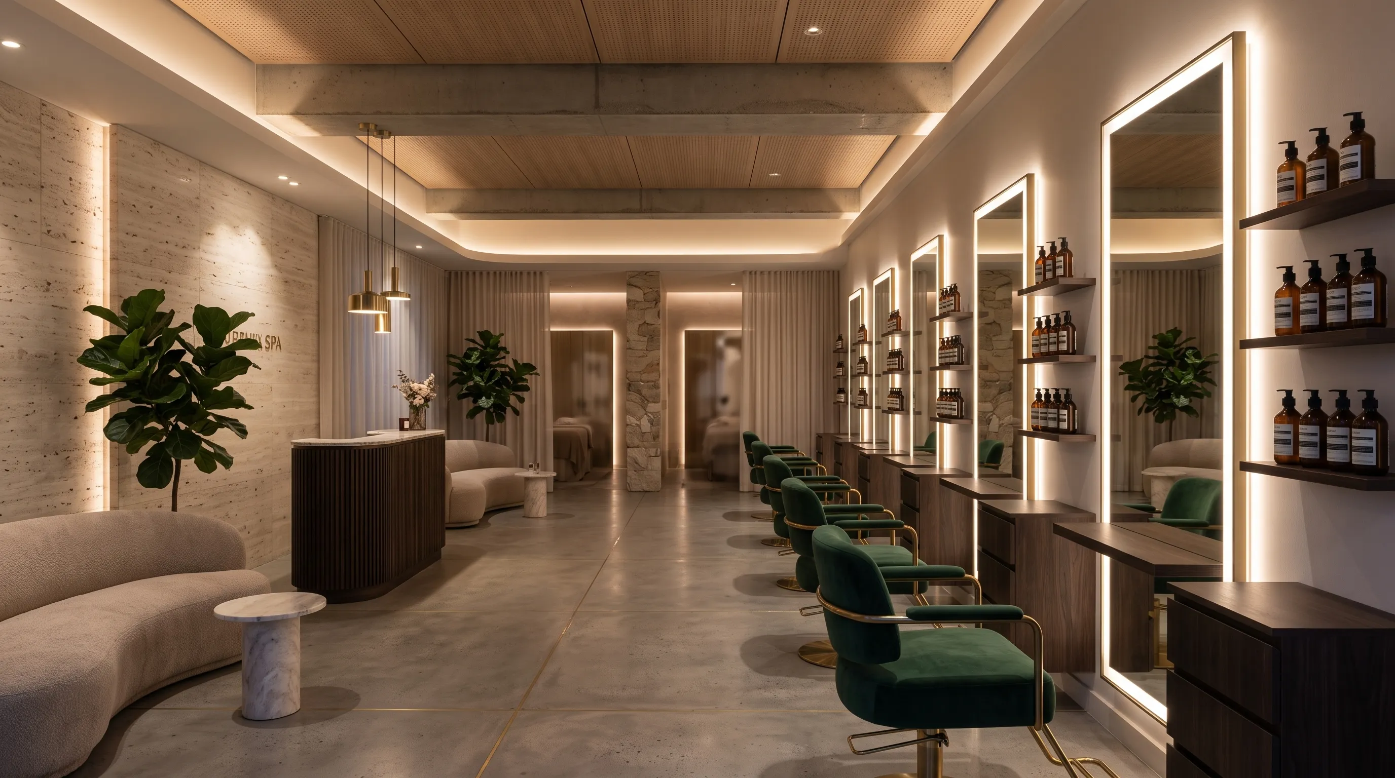 Luxurious salon interior with styling chairs and warm lighting